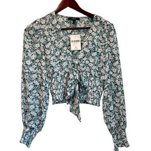 Forever 21 floral smocked blouse top small tie green and white flower print